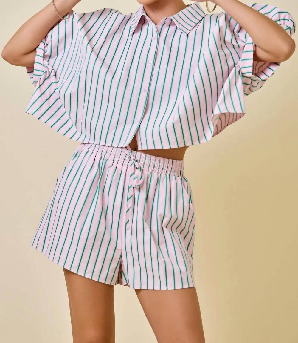 NEW DAY + MOON palm springs striped boxy cropped shirt with shorts set in pink a